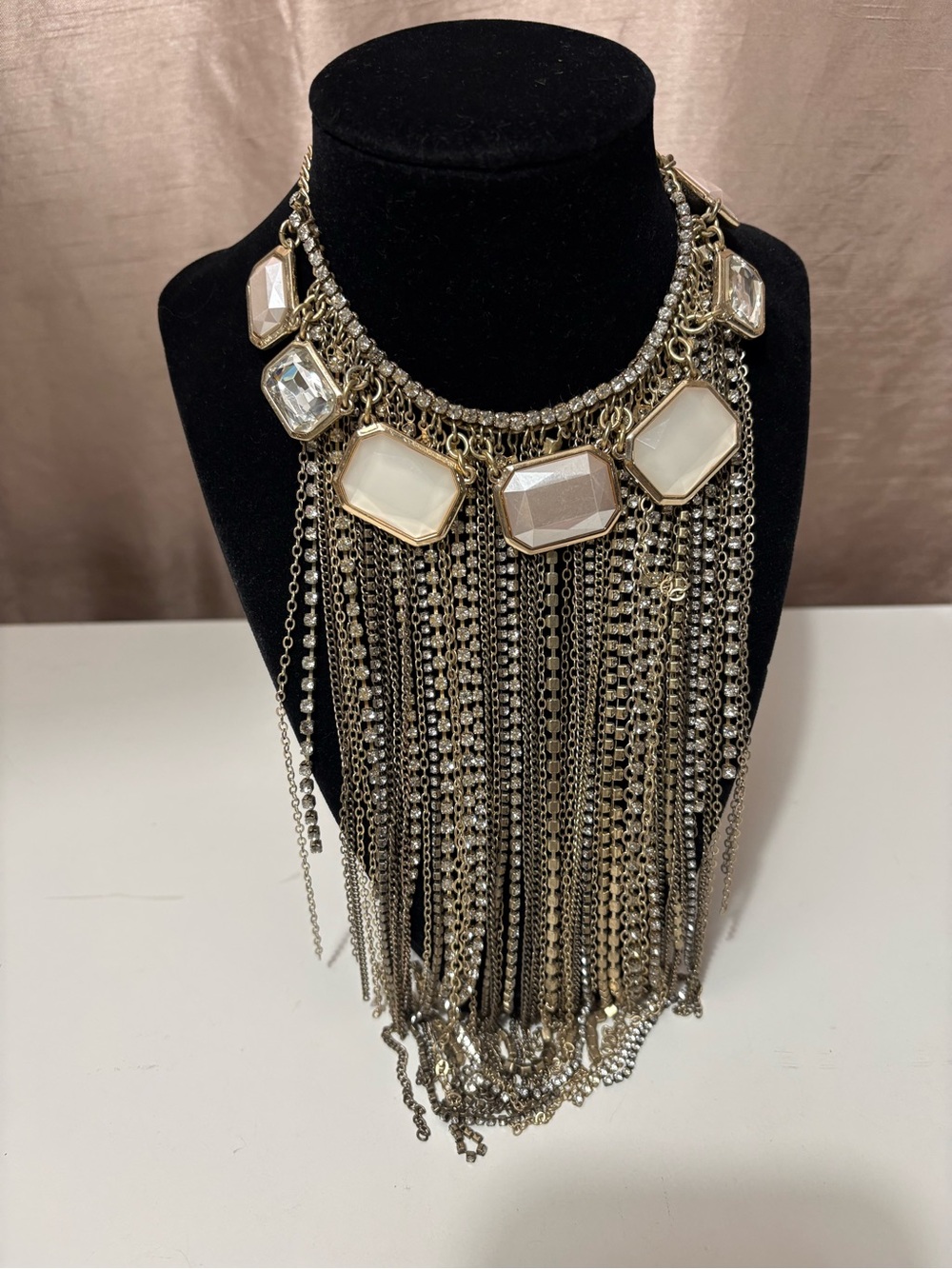 Chico's Ivory and Clear Multi-Chain Fringe Necklace